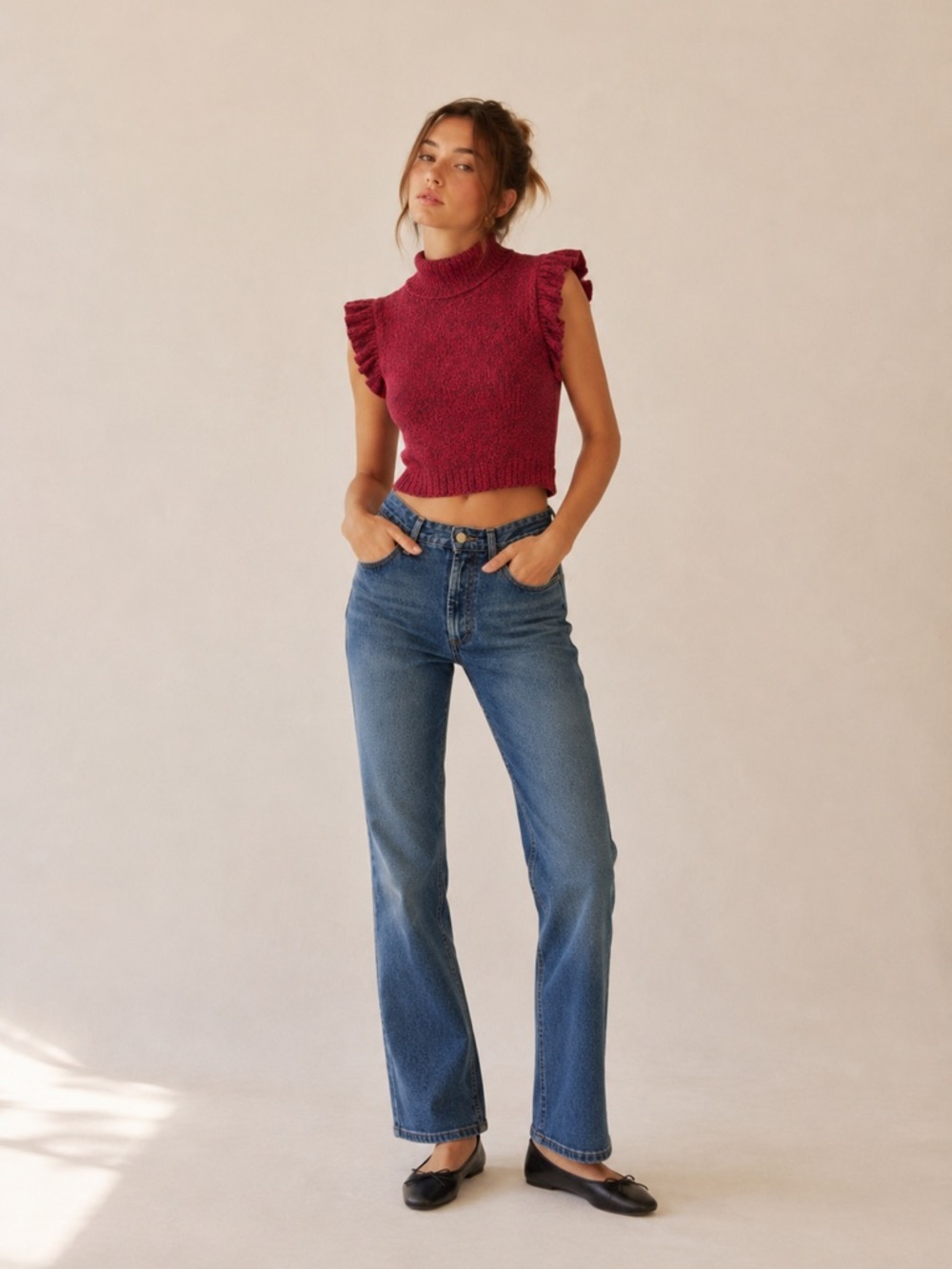Free People Ruffle Sleeve Knit Sweater XS Pink Marled Mock Neck Cozy Boho